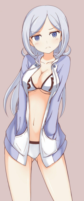 1girl, aila_jyrkiainen, bikini, bikini_under_clothes, blue_eyes, blush, breasts, cleavage