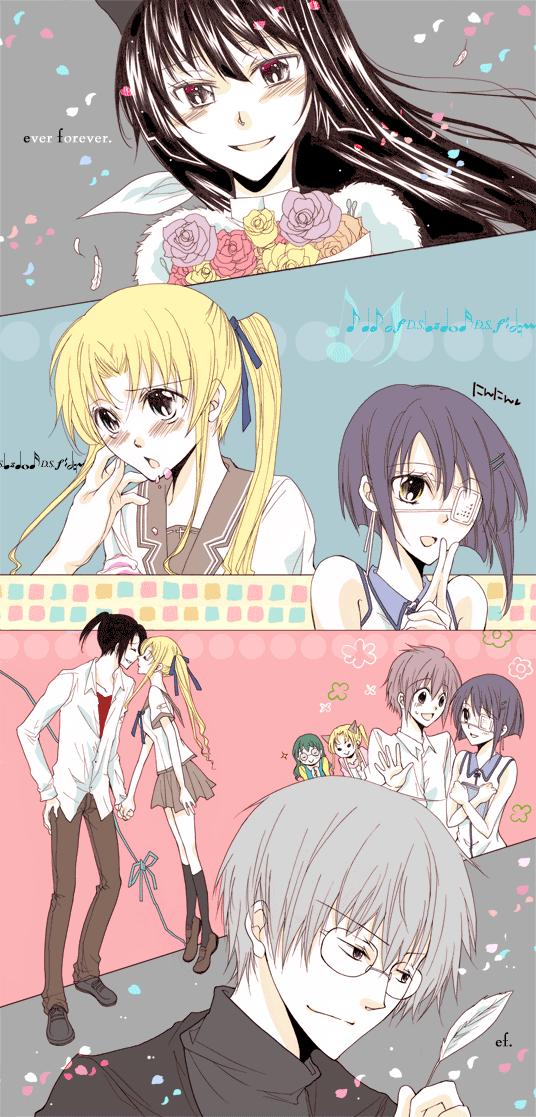 asou_renji, asou_sumire, blush, ef, eyepatch, feathers, flower, glasses