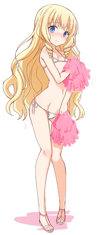 1girl, amagi_brilliant_park, bikini, blonde_hair, blue_eyes, blush, drill_hair, flat_chest