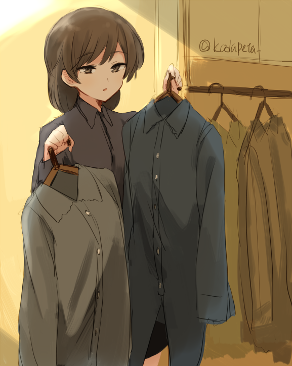1girl, :o, brown_eyes, brown_hair, buttons, closet, clothes, half-closed_eyes