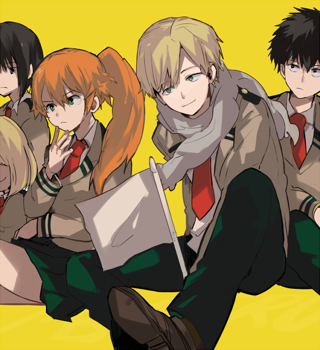 2boys, 3girls, blonde_hair, boku_no_hero_academia, green_eyes, green_pants, green_skirt, kendou_itsuka, long_hair, monoma_neito, multiple_boys, multiple_girls, necktie, orange_hair, pants, pleated_skirt, school_uniform, shina_000, short_hair, side_ponytail, simple_background, sitting, skirt, tsuburaba_kousei, yellow_background