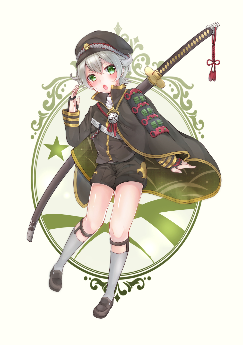 1boy, armor, cape, green_eyes, hair_flaps, hat, highres, hotarumaru