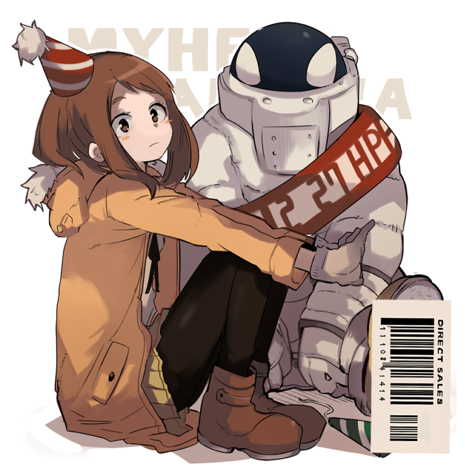 1boy, 1girl, astronaut, barcode, black_legwear, black_ribbon, boku_no_hero_academia, brown_eyes