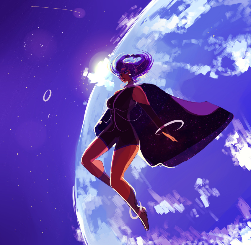 1girl, anklet, azubelle, barefoot, breasts, cape, dark_skin, elbow_gloves