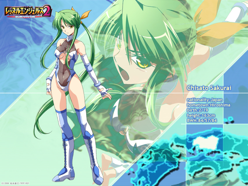 boots, chisato_sakurai, cleavage_cutout, elbow_gloves, fingerless_gloves, gloves, green_hair, hair_ribbon