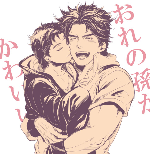 age_regression, carrying, cheek_kiss, child, closed_eyes, gloves, hydroball, jojo_no_kimyou_na_bouken