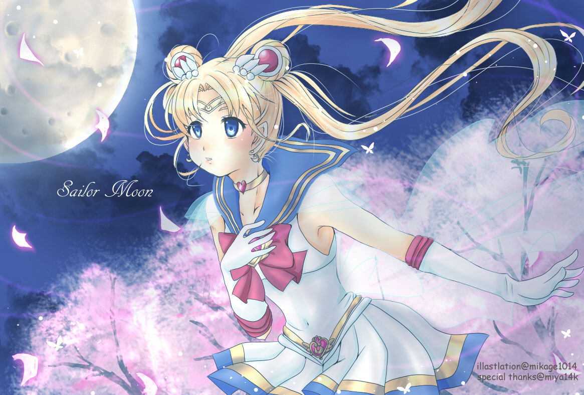 bishoujo_senshi_sailor_moon, blonde_hair, blue_eyes, butterfly, character_name, cherry_blossoms, choker, double_bun