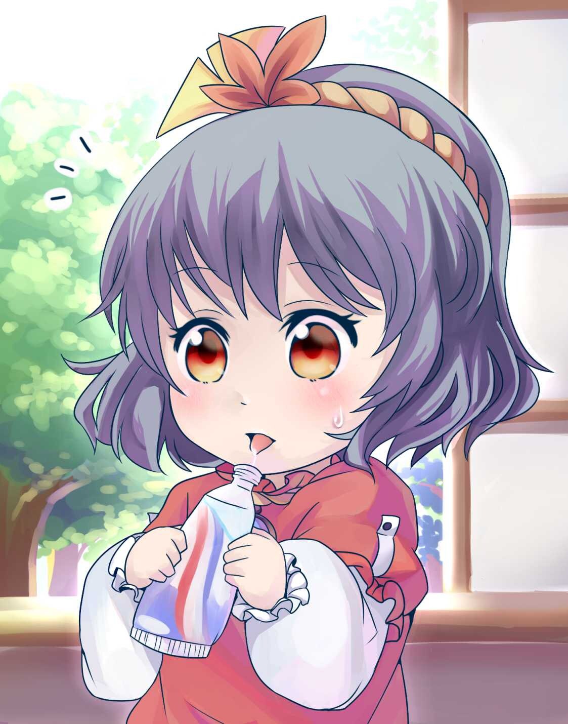 1girl, blush, forest, gradient_eyes, highres, holding, indoors, long_sleeves