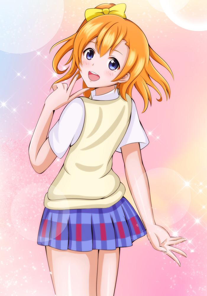 1girl, :d, blue_eyes, bow, cowboy_shot, do10nn, hair_bow, kousaka_honoka, looking_at_viewer, looking_back, love_live!_school_idol_project, open_mouth, orange_hair, school_uniform, side_ponytail, skirt, smile, solo, tagme, v