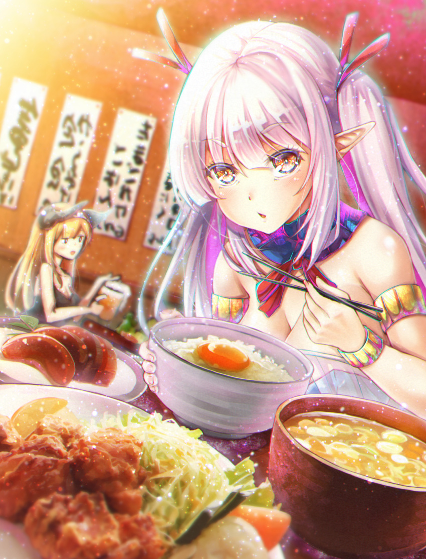 2girls, alcohol, beer, blonde_hair, bowl, breasts, chopsticks, cleavage