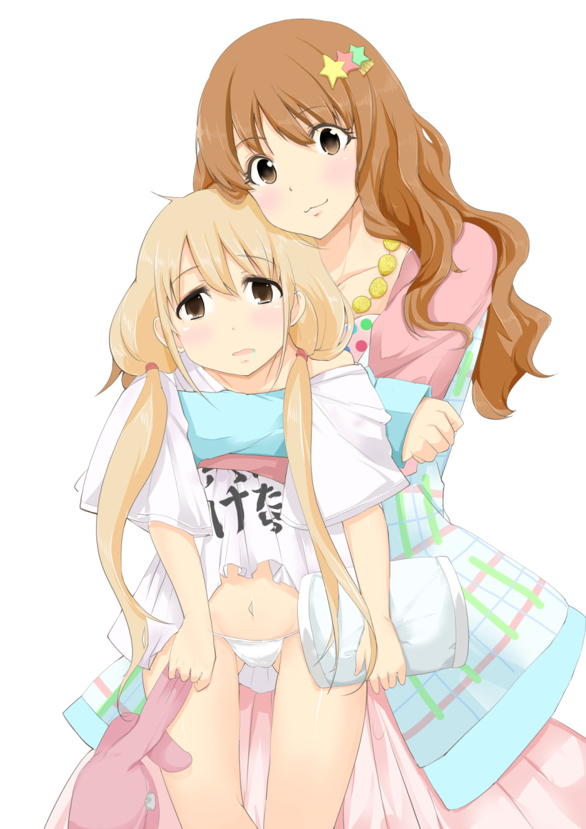 2girls, :3, blonde_hair, brown_hair, futaba_anzu, highres, idolmaster, idolmaster_cinderella_girls, moroboshi_kirari, multiple_girls, navel, pillow, smile, star, tenko_(gintenko)