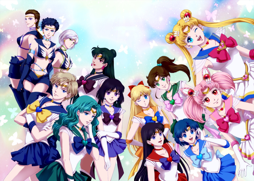 6+girls, :d, aino_minako, aqua_hair, bishoujo_senshi_sailor_moon, black_hair, blonde_hair, blue_eyes, blue_hair, boots, bow, brooch, brown_hair, chibi_usa, choker, crescent, crossed_arms, double_bun, elbow_gloves, gloves, green_eyes, hair_bow, hair_bun, hair_ornament, hairpin, half_updo, highres, hino_rei, jewelry, kaiou_michiru, kino_makoto, knee_boots, long_hair, magical_girl, meiou_setsuna, mizuno_ami, multicolored_background, multiple_girls, open_mouth, pink_bow, pink_hair, ponytail, purple_hair, red_bow, red_eyes, sailor_chibi_moon, sailor_collar, sailor_jupiter, sailor_mars, sailor_mercury, sailor_moon, sailor_neptune, sailor_pluto, sailor_saturn, sailor_senshi, sailor_star_fighter, sailor_star_healer, sailor_star_maker, sailor_uranus, sailor_venus, seiya_kou, short_hair, shorts, skirt, smile, standing, suji, taiki_kou, ten'ou_haruka, thigh-highs, thigh_boots, tiara, tomoe_hotaru, tsukino_usagi, twintails, white_boots, white_gloves, white_hair, yaten_kou