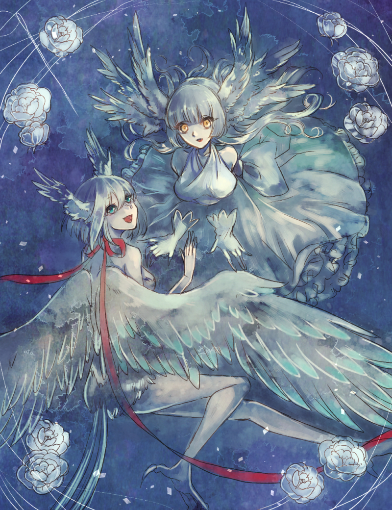 2girls, aqua_eyes, clona, commentary_request, dress, feathered_wings, flower, frilled_dress