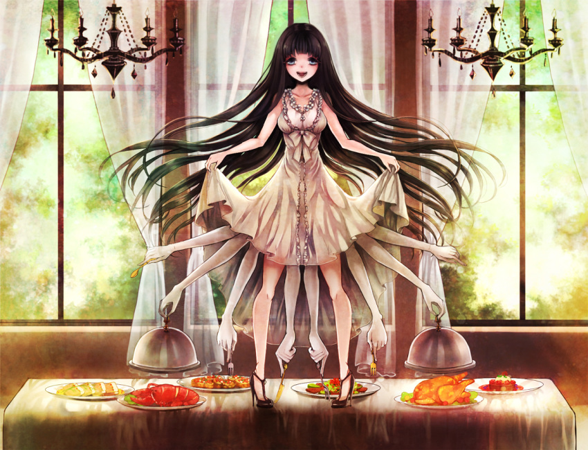 1girl, bare_legs, black_hair, blue_eyes, bow, breasts, cake, chandelier