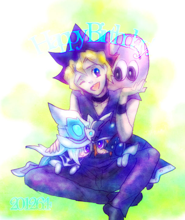 1girl, 2boys, blonde_hair, blue_eyes, duel_monster, gloves, hat, long_hair