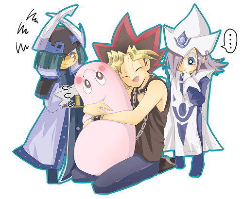 1girl, 2boys, blonde_hair, blue_eyes, duel_monster, gloves, hat, long_hair