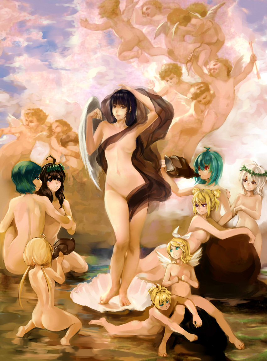 1boy, 6+girls, absurdres, ahoge, angel, angel_wings, aqua_eyes, arrow