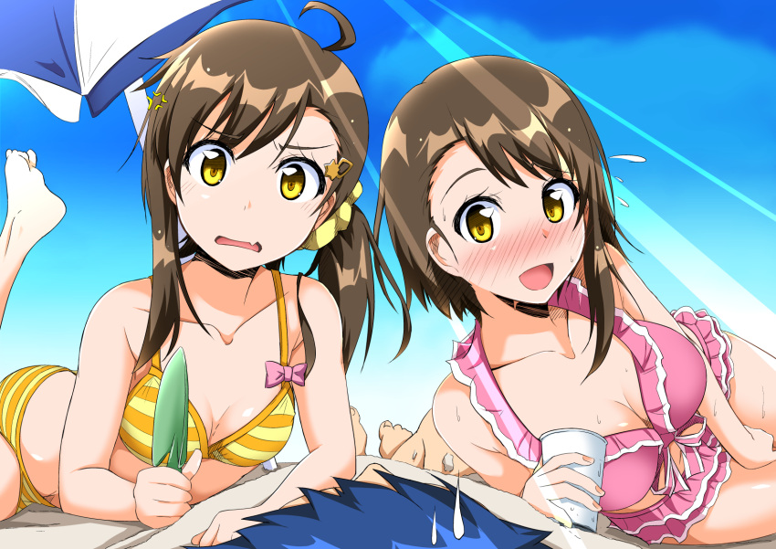 1boy, 2girls, :d, ahoge, anger_vein, beach_umbrella, bikini, blue_hair, blush, breasts, brown_hair, cla_(torinabe), cleavage, d:, fang, frilled_bikini, frills, full-face_blush, highres, ichijou_raku, long_hair, multiple_girls, nisekoi, onodera_haru, onodera_kosaki, open_mouth, pink_bikini, short_hair, siblings, side_ponytail, sisters, small_breasts, smile, striped, striped_bikini, striped_swimsuit, sweatdrop, swimsuit, tagme, yellow_bikini, yellow_eyes