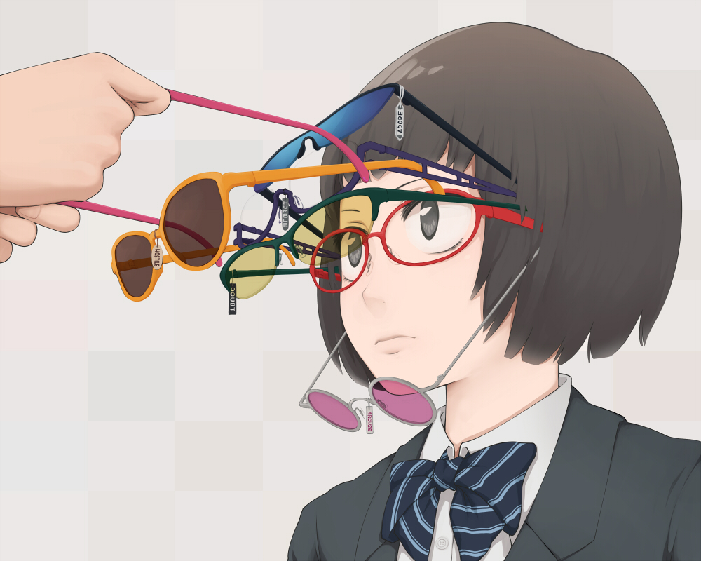 1girl, black-framed_glasses, black_eyes, black_hair, bob_cut, bow, bowtie, collared_shirt, dress_shirt, english, expressionless, eyelashes, glasses, green-framed_glasses, grey-framed_glasses, grey_background, jacket, looking_at_another, original, out_of_frame, over-rim_glasses, pink-framed_glasses, pink-tinted_glasses, portrait, price_tag, purple-framed_glasses, red-framed_glasses, round_glasses, semi-rimless_glasses, shirt, short_hair, simple_background, solo_focus, striped, striped_bowtie, sunglasses, too_many, too_many_glasses, under-rim_glasses, white_shirt, wing_collar, yajirushi_(chanoma), yellow-framed_glasses, yellow-tinted_glasses