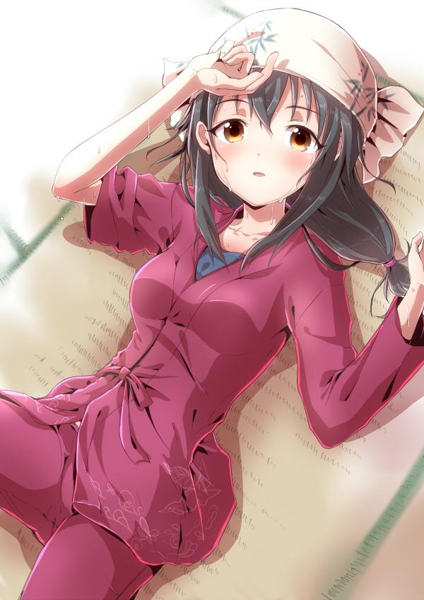 1girl, bandana, black_hair, brown_eyes, dripping, fujiwara_hajime, hot, idolmaster, idolmaster_cinderella_girls, long_hair, numahito, ponytail, solo, sweat, sweating, wet, wiping_sweat