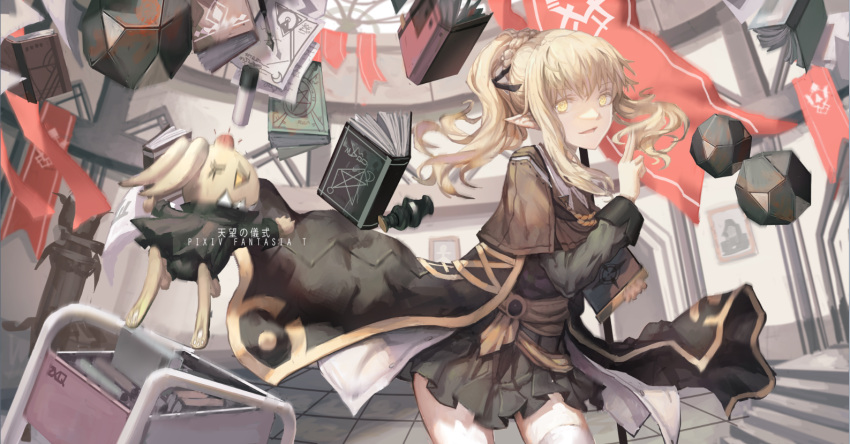 1girl, banner, blonde_hair, book, book_cart, cart, diagram, familiar