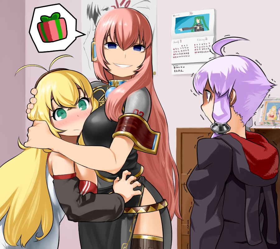 3girls, ahoge, antenna_hair, aqua_eyes, blonde_hair, blush, calendar, empty_eyes