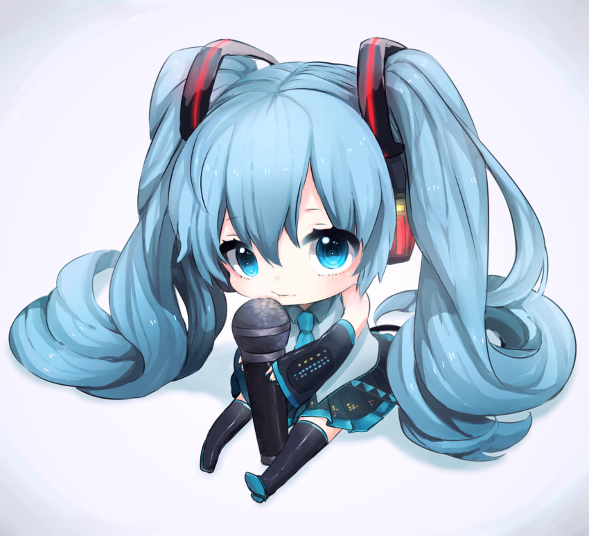 1girl, blue_eyes, blue_hair, blue_nails, boots, chibi, colored, hatsune_miku, highres, koujira, kyama, long_hair, microphone, nail_polish, necktie, oversized_object, skirt, solo, thigh-highs, thigh_boots, twintails, very_long_hair, vocaloid