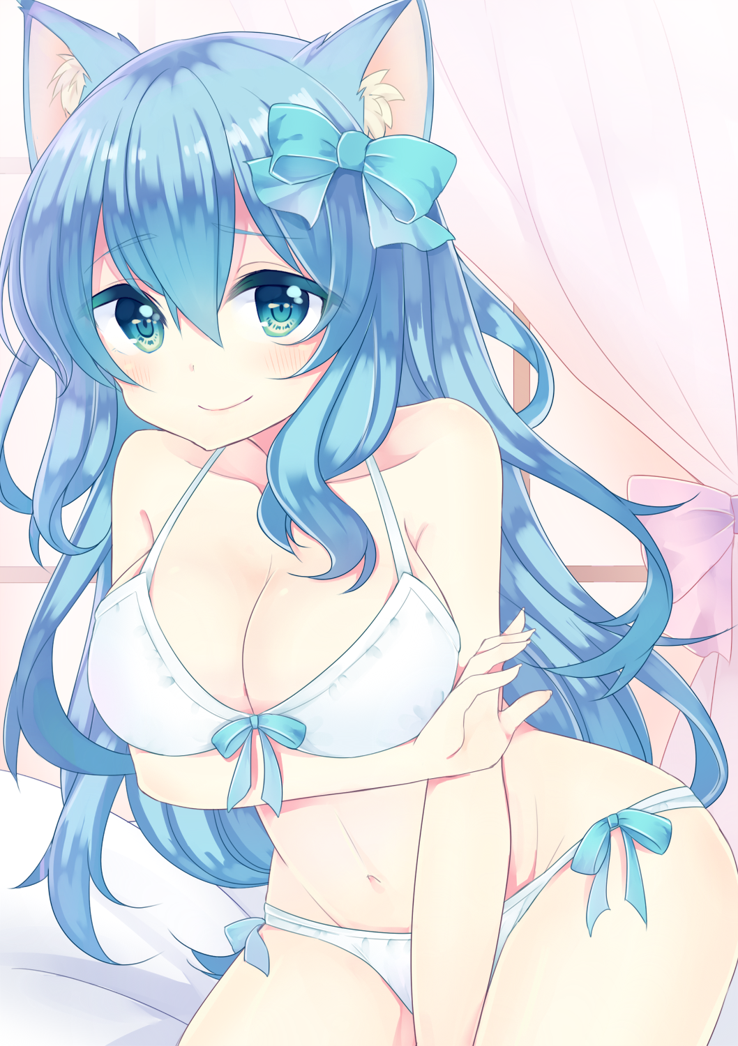 1girl, animal_ears, bikini, blue_eyes, blue_hair, breasts, cat_ears, cleavage, curtains, highres, irone_(miyamiya38), large_breasts, long_hair, navel, original, smile, solo, swimsuit, white_bikini, white_swimsuit