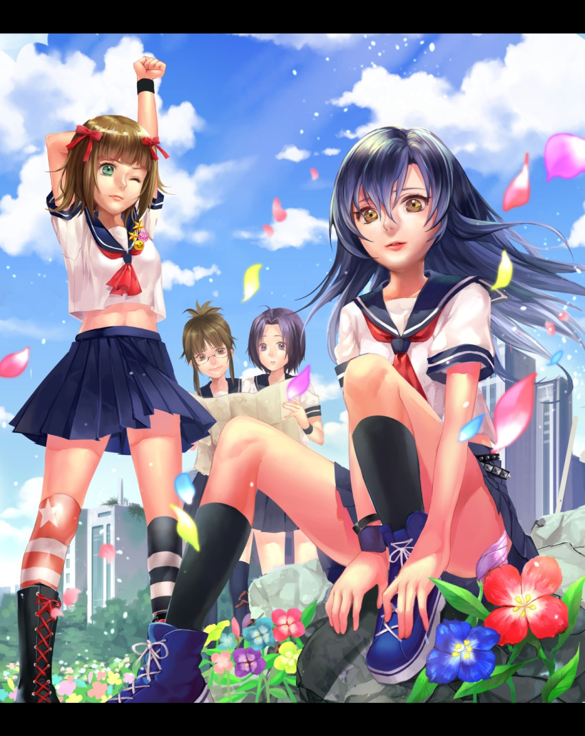 akizuki_ritsuko, amami_haruka, arms_up, asymmetrical_legwear, blue_hair, blue_sky, bracelet, brown_eyes