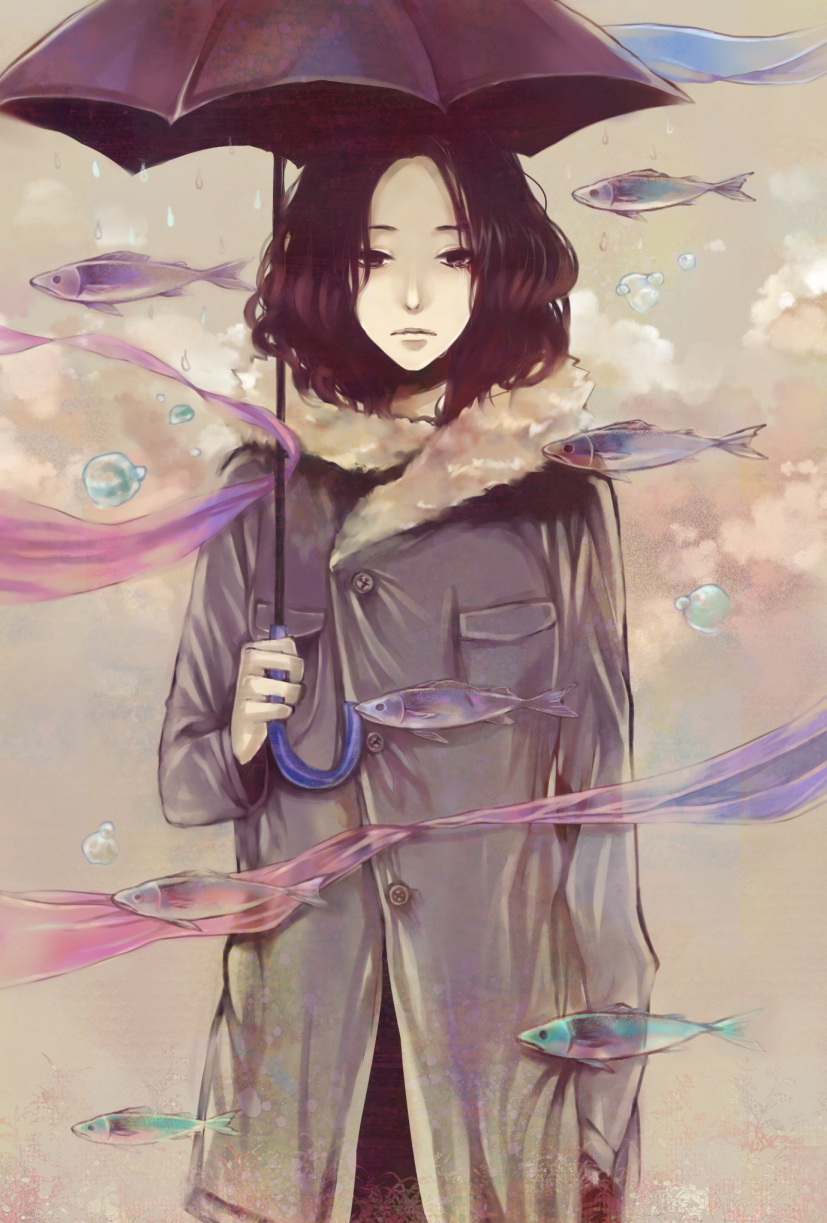 1girl, air_bubble, brown_hair, clona, clouds, commentary_request, curly_hair, expressionless, fish, highres, holding_umbrella, jacket, looking_at_viewer, muted_color, original, parasol, ribbon, solo, surreal, umbrella, water_drop