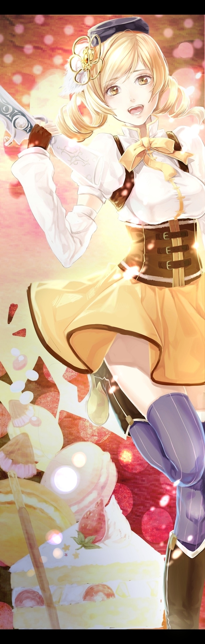 backlighting, blonde_hair, boots, cake, desert, detached_sleeves, fingerless_gloves, food