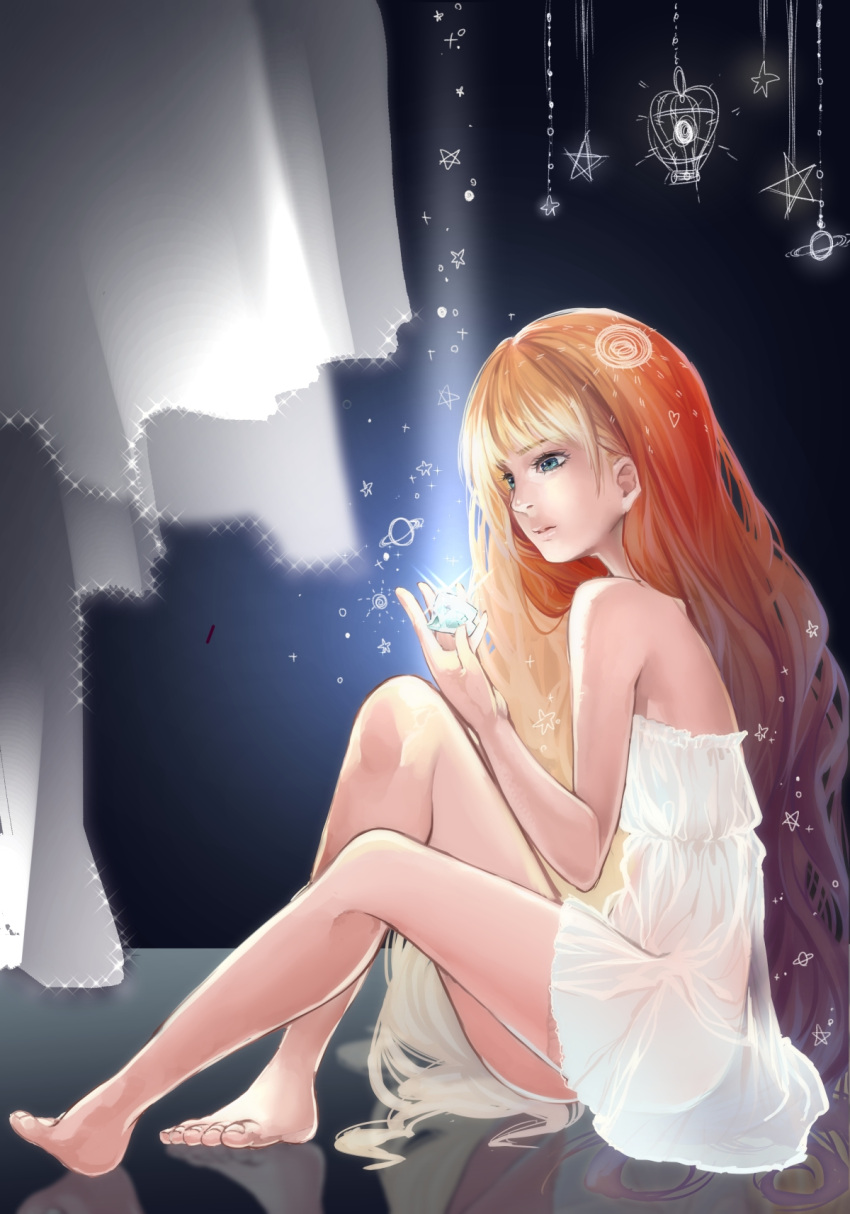1girl, barefoot, blonde_hair, blue_eyes, cage, dress, glowing, highres