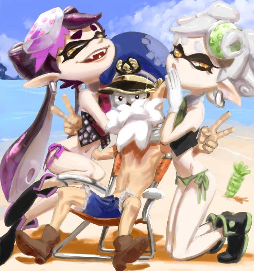 2girls, adapted_costume, beach, beard, bikini, bikini_bottom, black_hair, callie_(splatoon), chair, commander_atarime, cousins, crop_top, dabohaze_(artist), double_v, earrings, facial_hair, fangs, food, food_on_head, gloves, grandfather_and_granddaughter, green_bikini, hat, highres, jewelry, kneeling, long_hair, marie_(splatoon), mask, mole, mole_under_eye, multiple_girls, navel, necktie, object_on_head, ocean, open_mouth, orange_eyes, peaked_cap, pointy_ears, purple_bikini, short_hair, side-tie_bikini, silver_hair, sitting, smile, splatoon, sushi, swimsuit, tentacle_hair, v, water, white_gloves