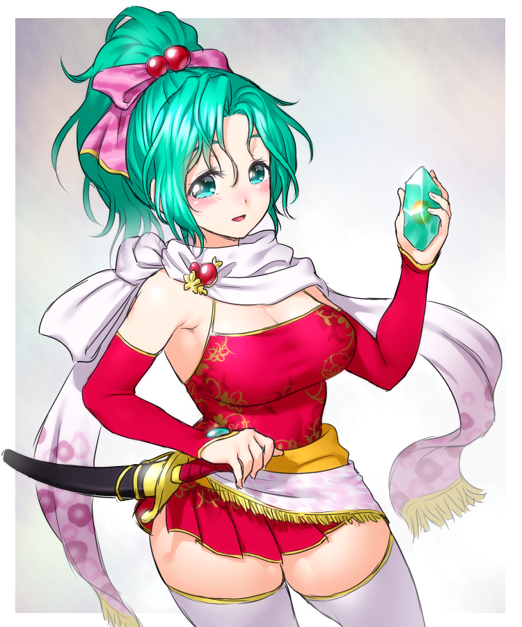 1girl, blush, breasts, cape, cleavage, detached_sleeves, final_fantasy, final_fantasy_vi, green_hair, jewelry, long_hair, magicite, onsoku_maru, ponytail, scarf, sheath, solo, sword, thigh-highs, thighs, tina_branford, weapon