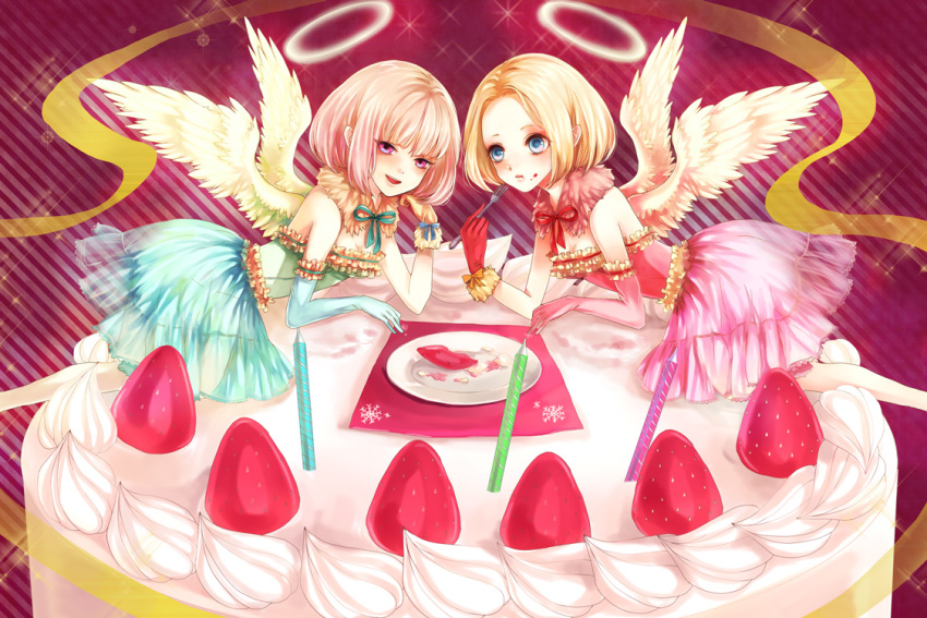 2girls, all_fours, angel, angel_wings, bare_shoulders, blonde_hair, blue_eyes, blush