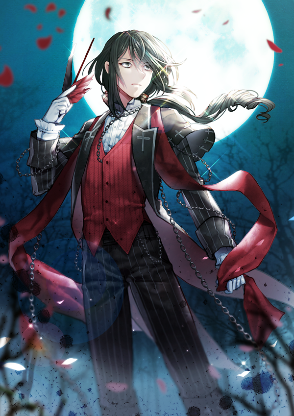 1boy, bare_tree, black_hair, chain, cross, full_moon, glint, gloves
