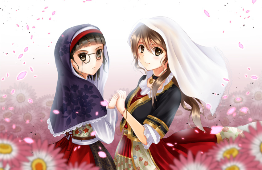 2girls, alternate_costume, bracelet, breasts, brown_eyes, brown_hair, choker, dress