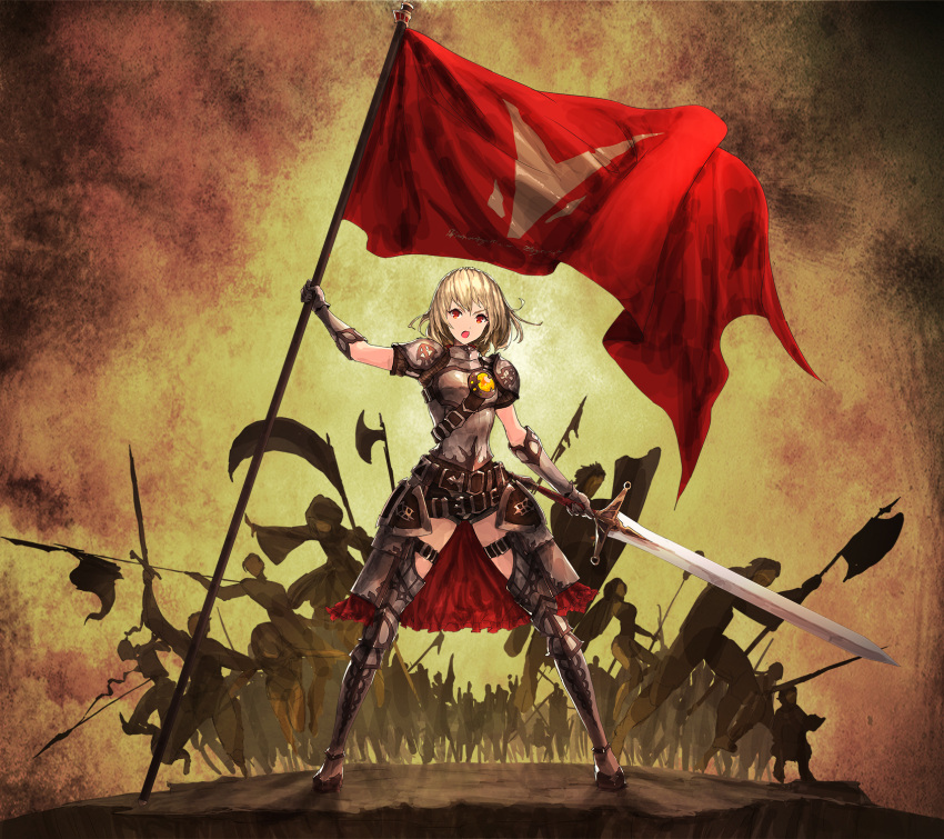 1girl, banner, boots, breasts, flag, geeto_gaadian, highres, multiple_boys, original, pixiv_fantasia, pixiv_fantasia_t, polearm, poleaxe, sword, thigh_strap, weapon