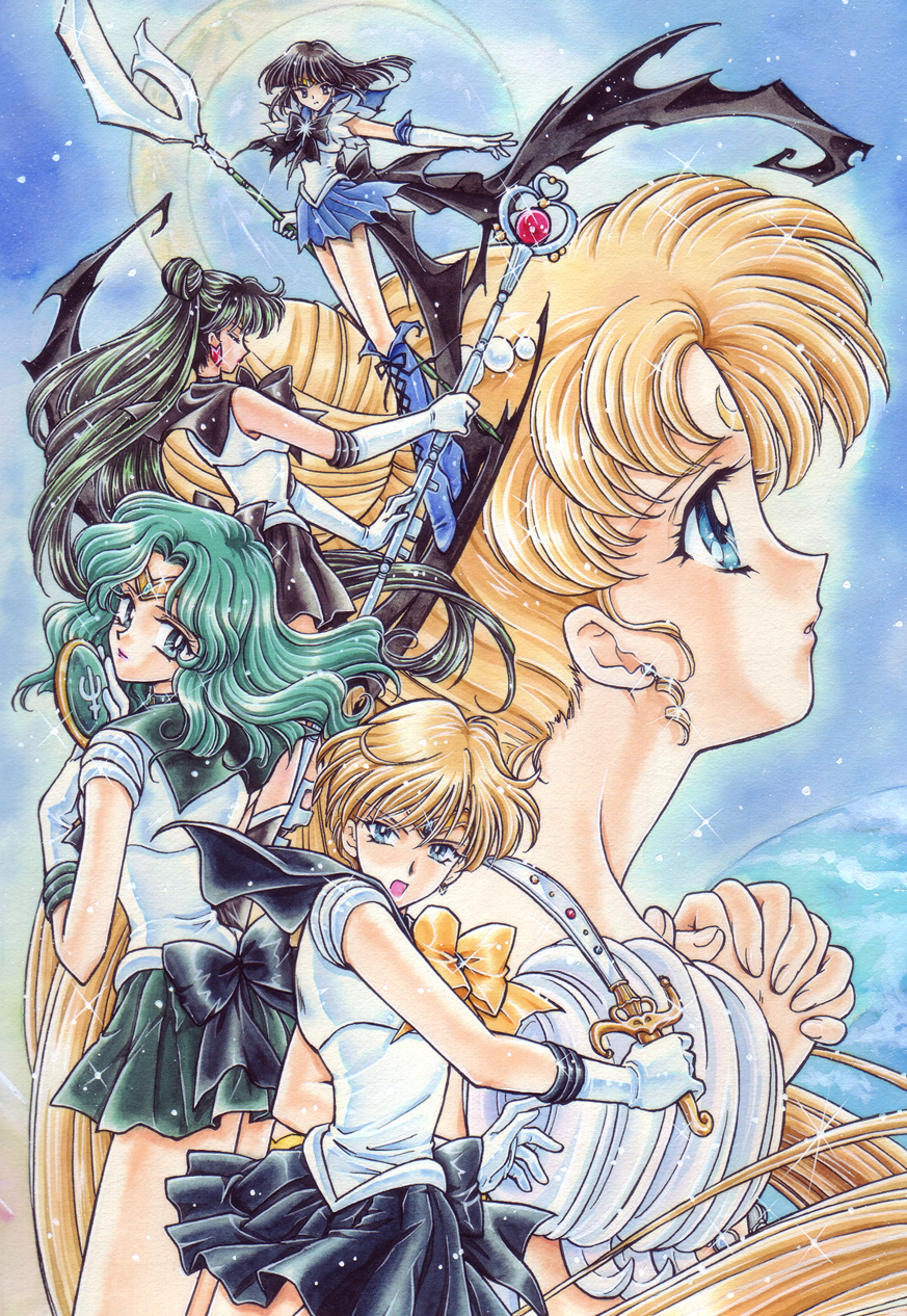 5girls, arito_moka, bishoujo_senshi_sailor_moon, black_bow, black_hair, black_skirt, blonde_hair, blue_background