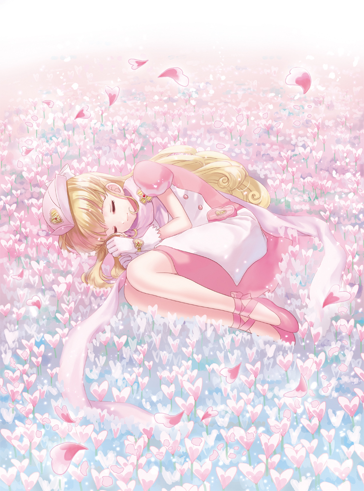 1girl, blonde_hair, closed_eyes, flower, gloves, hat, long_hair, lying