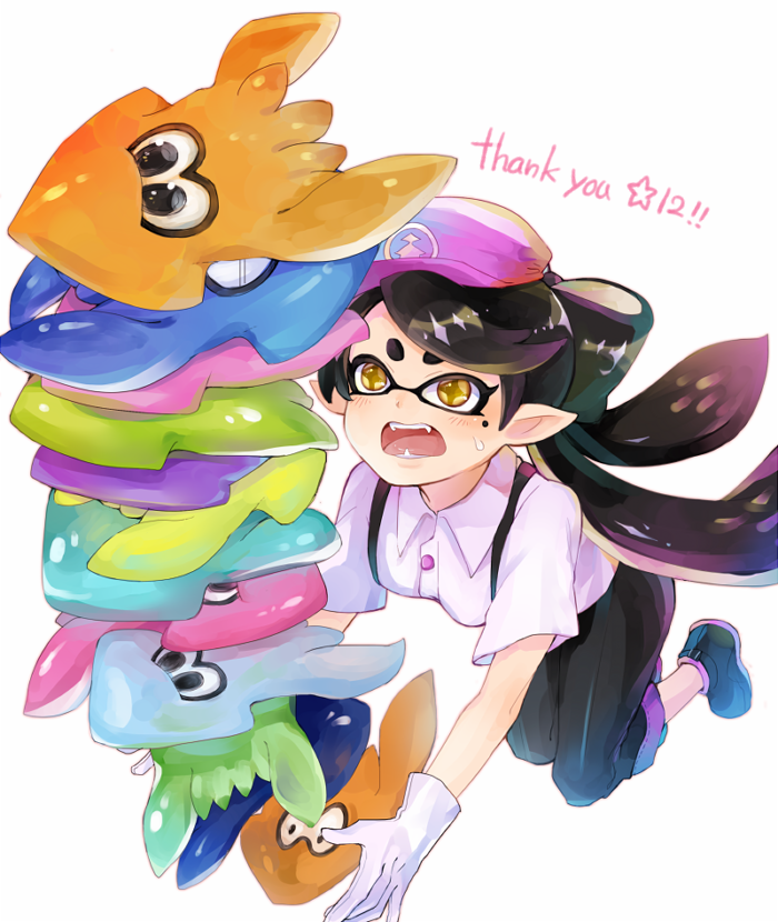 1girl, alternate_costume, animal, black_hair, black_pants, blush, callie_(splatoon), dress_shirt