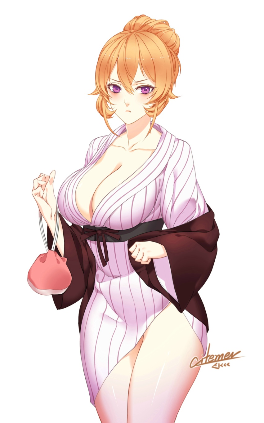 :t, bag, blonde_hair, breasts, cleavage, highres, japanese_clothes, kimono