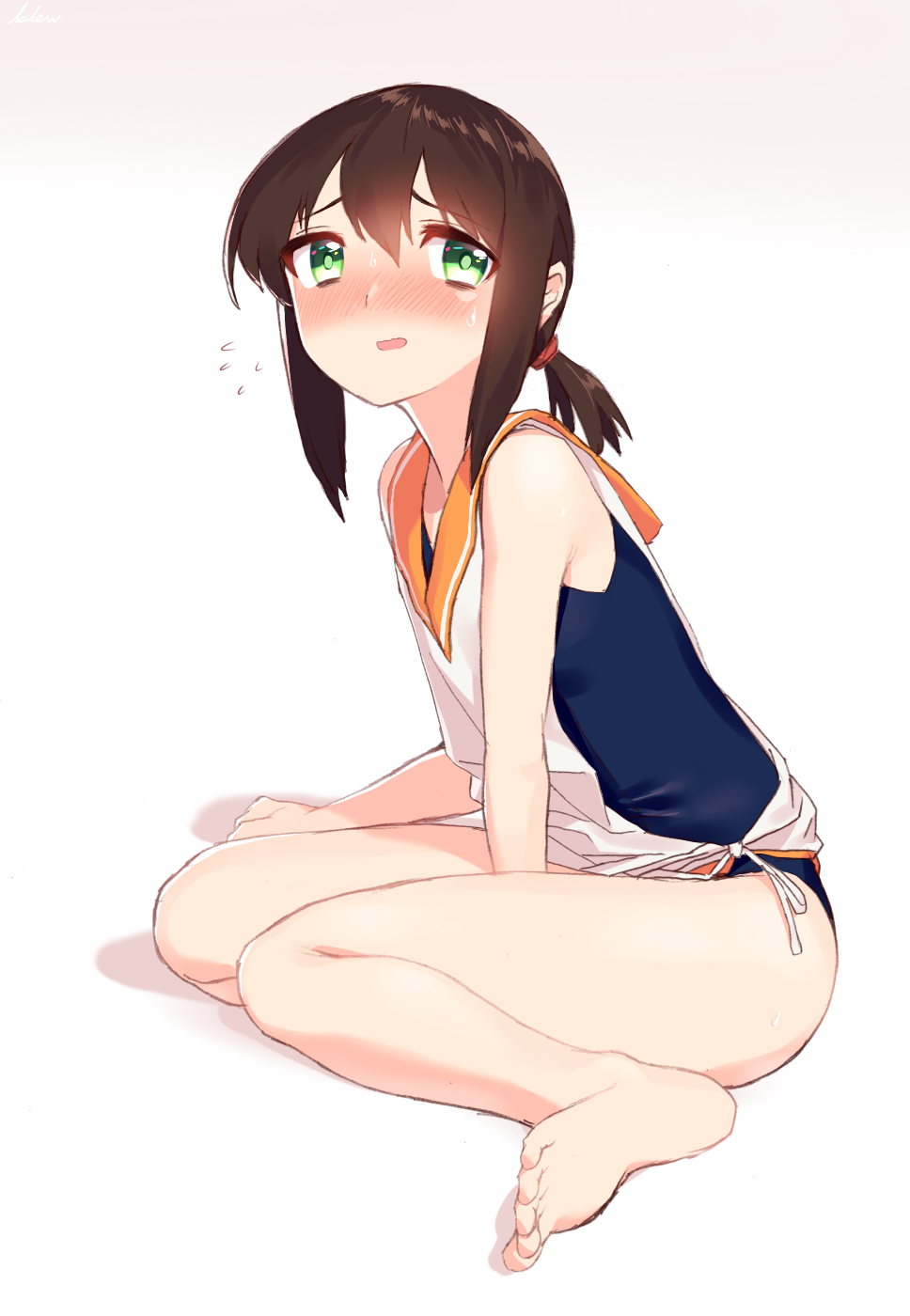 1girl, alternate_costume, barefoot, blew_andwhite, blush, brown_hair, cosplay, fubuki_(kantai_collection)