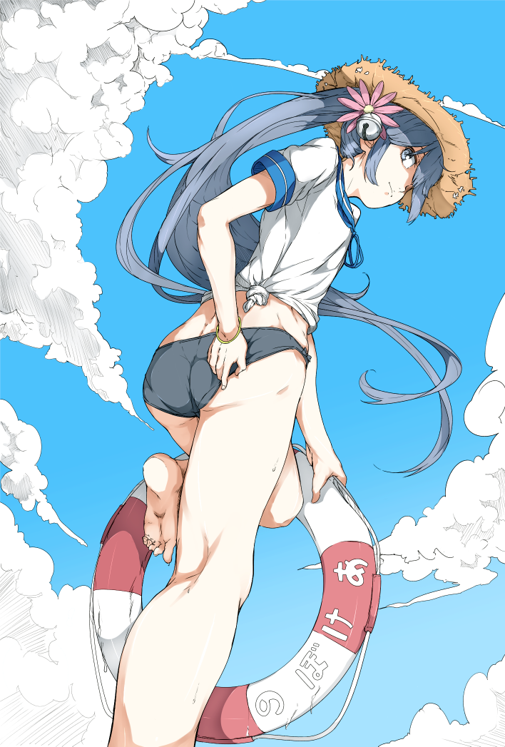 1girl, akebono_(kantai_collection), bell, bikini_bottom, feet, flower, from_below, hair_flower, hair_ornament, hat, kantai_collection, lifebuoy, long_hair, ninimo_nimo, purple_hair, school_uniform, serafuku, side_ponytail, sky, solo, straw_hat