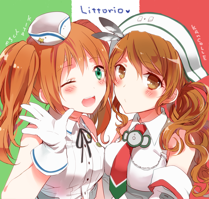 2girls, :d, bandaid, bare_shoulders, borrowed_character, breast_press, brown_eyes, brown_hair, character_name, detached_sleeves, gloves, green_eyes, hair_ornament, headdress, ia_(namaiki), italian_flag, kantai_collection, littorio_(kantai_collection), looking_at_viewer, mini_hat, multiple_girls, necktie, one_eye_closed, open_mouth, original, ponytail, rm_littorio, smile, symmetrical_docking, twintails, upper_body, wavy_mouth, white_gloves