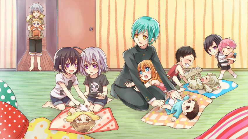 6+boys, ahoge, akita_toushirou, animal_costume, aqua_hair, atsushi_toushirou, baby, black_hair, blonde_hair, blue_eyes, brown_eyes, brown_hair, carrying, child, diaper, diaper_changing, fox, gakuran, gokotai, grin, hakata_toushirou, hand_puppet, highres, hirano_toushirou, honebami_toushirou, ichigo_hitofuri, maeda_toushirou, male_focus, midare_toushirou, multiple_boys, nakigitsune, nakigitsune's_fox, namazuo_toushirou, open_mouth, piggyback, pink_hair, puppet, school_uniform, seiza, setora, shorts, sitting, smile, tiger_costume, tiger_print, touken_ranbu, violet_eyes, white_hair, yagen_toushirou, yellow_eyes, younger