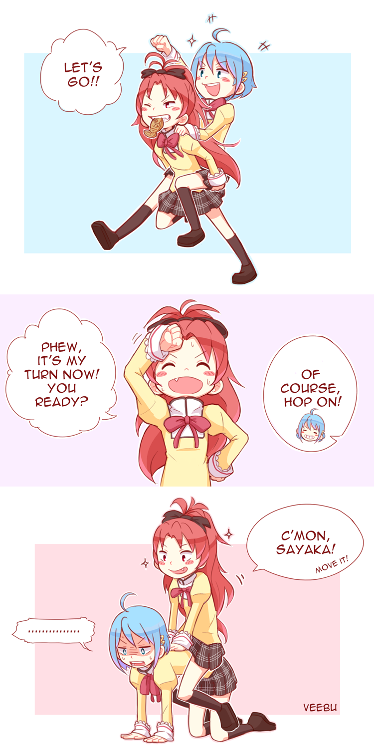 2girls, all_fours, comic, english, fang, highres, mahou_shoujo_madoka_magica, miki_sayaka