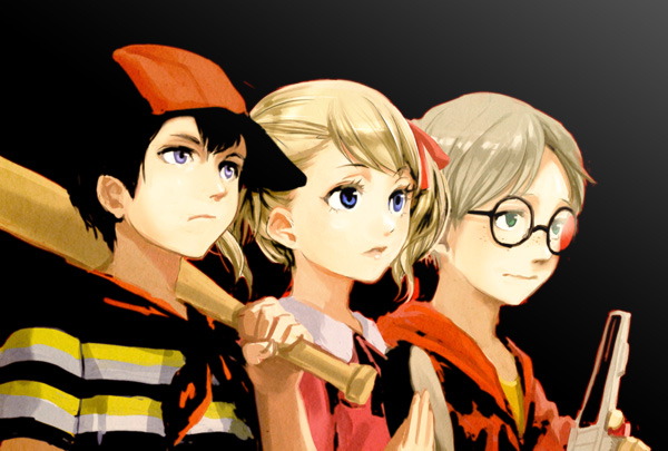 1girl, 2boys, ana_(mother), baseball_bat, baseball_cap, black_background, blonde_hair, blue_eyes
