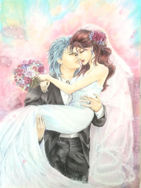 blue_hair, bouquet, carrying, cheek_kiss, closed_eyes, couple, dress, earrings, flower, hair_flower, hair_ornament, hokuto_no_ken, jewelry, kiss, mamiya, multicolored_background, necktie, princess_carry, raruma, redhead, rei_(hokuto_no_ken), ring, traditional_media, tuxedo, wedding_band, wedding_dress, white_dress