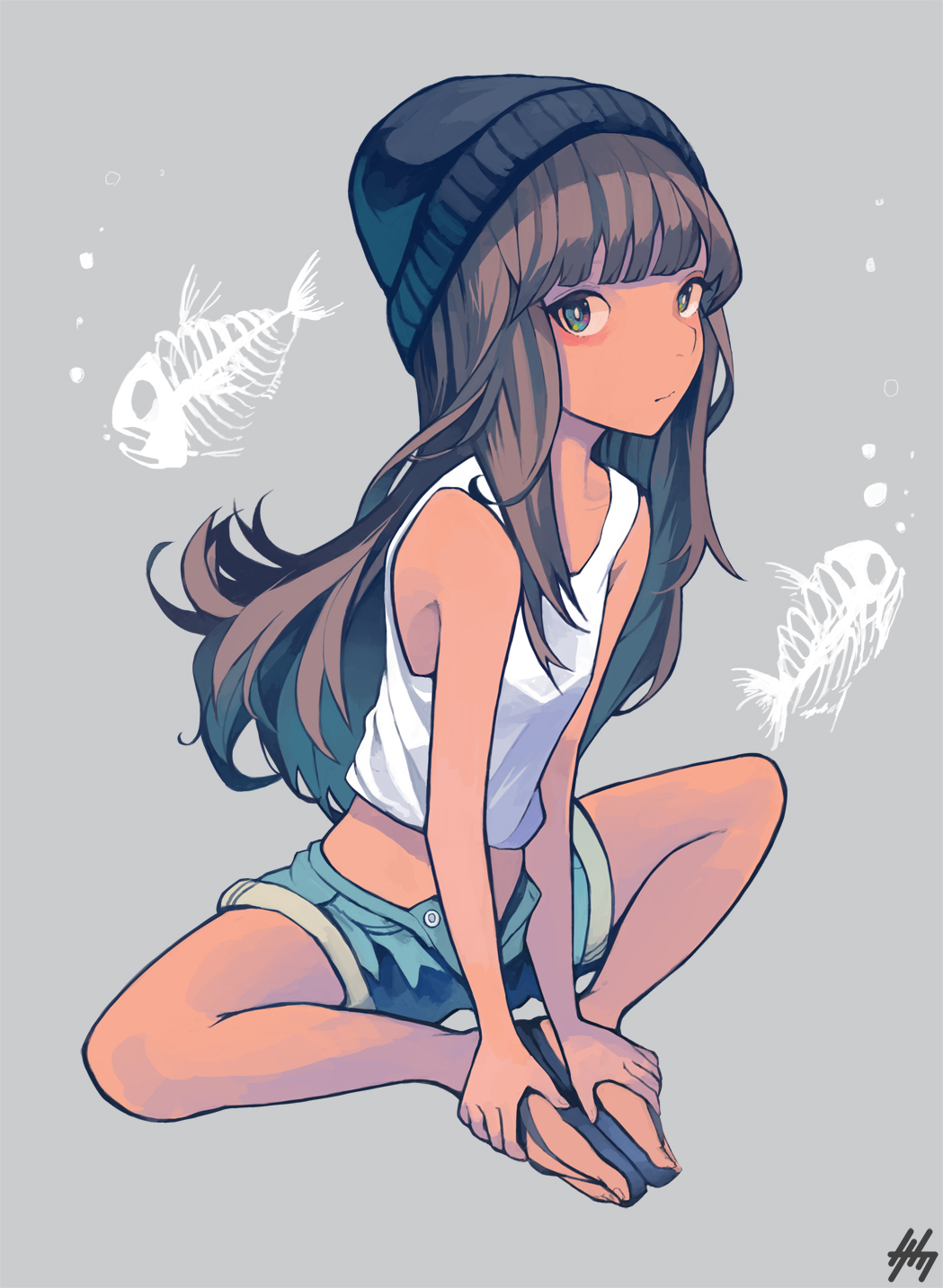 1girl, brown_hair, dark_skin, denim, denim_shorts, fish_bone, grey_background, hat